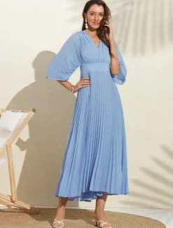 Women's Wedding Guest Dress Maxi Blue V-Neck Dolman Sleeve Pleated Chiffon Women Casual Dress|Cocktail Dress