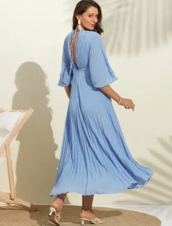 Women's Wedding Guest Dress Maxi Blue V-Neck Dolman Sleeve Pleated Chiffon Women Casual Dress|Cocktail Dress