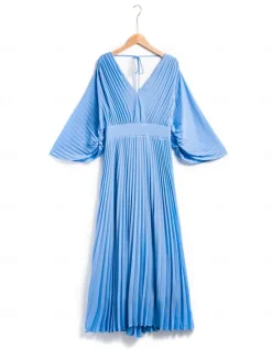 Women's Wedding Guest Dress Maxi Blue V-Neck Dolman Sleeve Pleated Chiffon Women Casual Dress|Cocktail Dress