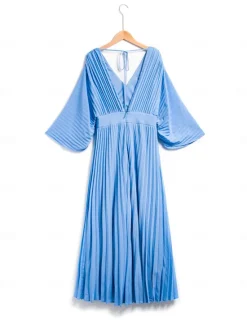 Women's Wedding Guest Dress Maxi Blue V-Neck Dolman Sleeve Pleated Chiffon Women Casual Dress|Cocktail Dress
