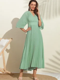 Women's Wedding Guest Dress Maxi Blue V-Neck Dolman Sleeve Pleated Chiffon Women Casual Dress|Cocktail Dress
