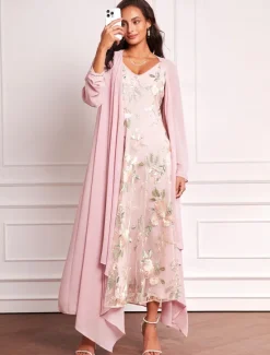 New Women's Wedding Guest Dress Set Maxi Dress Chiffon Cardigan Embroidered Date Vacation Elegant V Neck Long Sleeve Color Spring Summer Fall Women Cocktail Dress