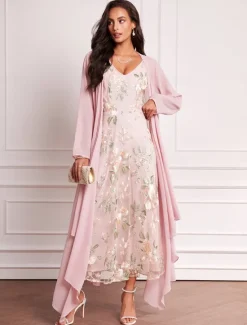 New Women's Wedding Guest Dress Set Maxi Dress Chiffon Cardigan Embroidered Date Vacation Elegant V Neck Long Sleeve Color Spring Summer Fall Women Cocktail Dress