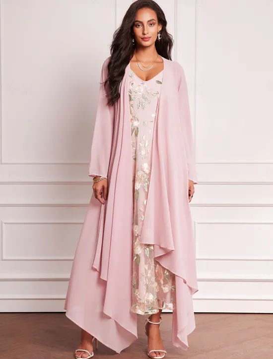 New Women's Wedding Guest Dress Set Maxi Dress Chiffon Cardigan Embroidered Date Vacation Elegant V Neck Long Sleeve Color Spring Summer Fall Women Cocktail Dress