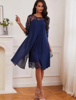 Hot Women's Wedding Guest Dress Plain Dress Midi Dress Lace Chiffon Patchwork Casual Crew Neck 3/4 Length Sleeve Cocktail Dresses Formal Dresses Color Women Chiffon Dresses|Cocktail Dress