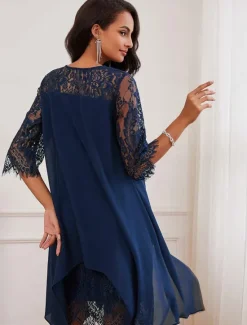 Hot Women's Wedding Guest Dress Plain Dress Midi Dress Lace Chiffon Patchwork Casual Crew Neck 3/4 Length Sleeve Cocktail Dresses Formal Dresses Color Women Chiffon Dresses|Cocktail Dress