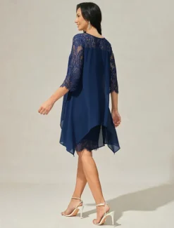 Hot Women's Wedding Guest Dress Plain Dress Midi Dress Lace Chiffon Patchwork Casual Crew Neck 3/4 Length Sleeve Cocktail Dresses Formal Dresses Color Women Chiffon Dresses|Cocktail Dress