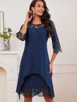 Hot Women's Wedding Guest Dress Plain Dress Midi Dress Lace Chiffon Patchwork Casual Crew Neck 3/4 Length Sleeve Cocktail Dresses Formal Dresses Color Women Chiffon Dresses|Cocktail Dress
