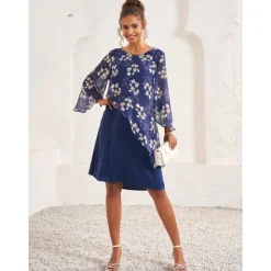 Hot Women's Wedding Guest Dress A Line Dress Elegant Floral Midi Dress Chiffon Flared Sleeve Crew Neck Patchwork Regular Fit Wedding Guest Cocktail Party Summer Women Chiffon Dresses