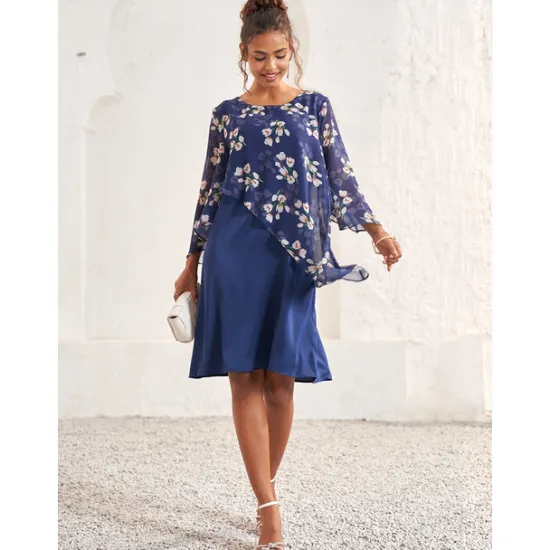 Hot Women's Wedding Guest Dress A Line Dress Elegant Floral Midi Dress Chiffon Flared Sleeve Crew Neck Patchwork Regular Fit Wedding Guest Cocktail Party Summer Women Chiffon Dresses