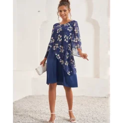 Hot Women's Wedding Guest Dress A Line Dress Elegant Floral Midi Dress Chiffon Flared Sleeve Crew Neck Patchwork Regular Fit Wedding Guest Cocktail Party Summer Women Chiffon Dresses