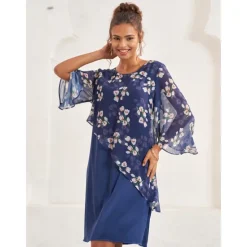 Hot Women's Wedding Guest Dress A Line Dress Elegant Floral Midi Dress Chiffon Flared Sleeve Crew Neck Patchwork Regular Fit Wedding Guest Cocktail Party Summer Women Chiffon Dresses