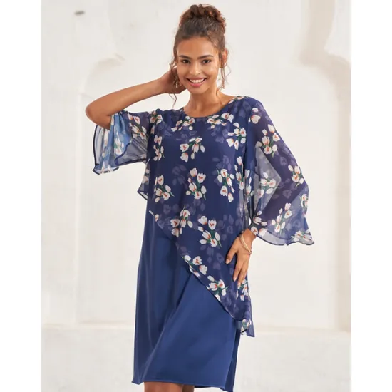 Hot Women's Wedding Guest Dress A Line Dress Elegant Floral Midi Dress Chiffon Flared Sleeve Crew Neck Patchwork Regular Fit Wedding Guest Cocktail Party Summer Women Chiffon Dresses