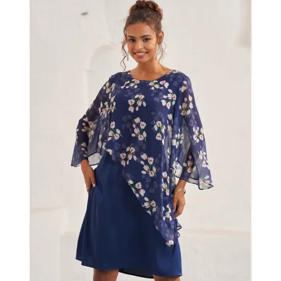 Hot Women's Wedding Guest Dress A Line Dress Elegant Floral Midi Dress Chiffon Flared Sleeve Crew Neck Patchwork Regular Fit Wedding Guest Cocktail Party Summer Women Chiffon Dresses