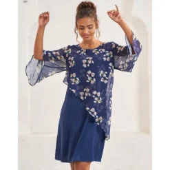 Hot Women's Wedding Guest Dress A Line Dress Elegant Floral Midi Dress Chiffon Flared Sleeve Crew Neck Patchwork Regular Fit Wedding Guest Cocktail Party Summer Women Chiffon Dresses