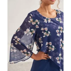 Hot Women's Wedding Guest Dress A Line Dress Elegant Floral Midi Dress Chiffon Flared Sleeve Crew Neck Patchwork Regular Fit Wedding Guest Cocktail Party Summer Women Chiffon Dresses