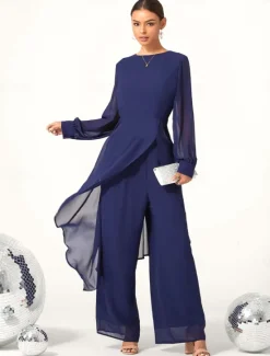 Outlet Women's Wedding Guest Jumpsuit Elegant Navy Long Sheer Sleeve Wide Leg Chic Evening Party Wear Round Neckline Spring Summer Fall Women Chiffon Dresses|Two Piece Sets