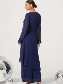 Outlet Women's Wedding Guest Jumpsuit Elegant Navy Long Sheer Sleeve Wide Leg Chic Evening Party Wear Round Neckline Spring Summer Fall Women Chiffon Dresses|Two Piece Sets