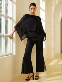 Clearance Women's Wedding Guest Party Black High Waist Bell Bottom Pants Elegant Chiffon Modal Slim Fit Flared Leg Elastic Waist Casual Daily Office Wear Women Chiffon Tops