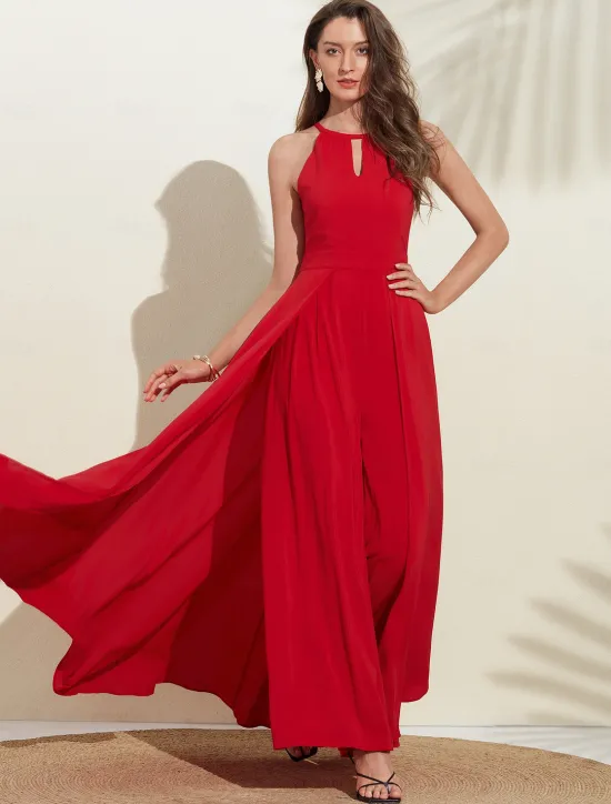 Outlet Women's Wedding Guest Wear Cocktail Party Semi Formal Elengant Romantic Halter Neck Open Back Jumpsuit dress to impress 2024 Women Jumpsuits