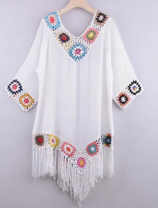 Hot Women's White Beach Dress Mini Dress Ruffle Patchwork Vacation Beach Sexy Boho V Neck 3/4 Length Sleeve Black White Red Color Women Cover Up