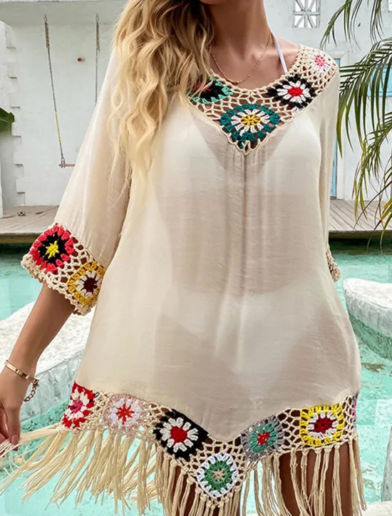 Hot Women's White Beach Dress Mini Dress Ruffle Patchwork Vacation Beach Sexy Boho V Neck 3/4 Length Sleeve Black White Red Color Women Cover Up