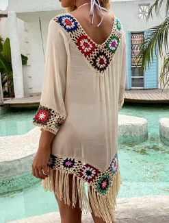 Hot Women's White Beach Dress Mini Dress Ruffle Patchwork Vacation Beach Sexy Boho V Neck 3/4 Length Sleeve Black White Red Color Women Cover Up