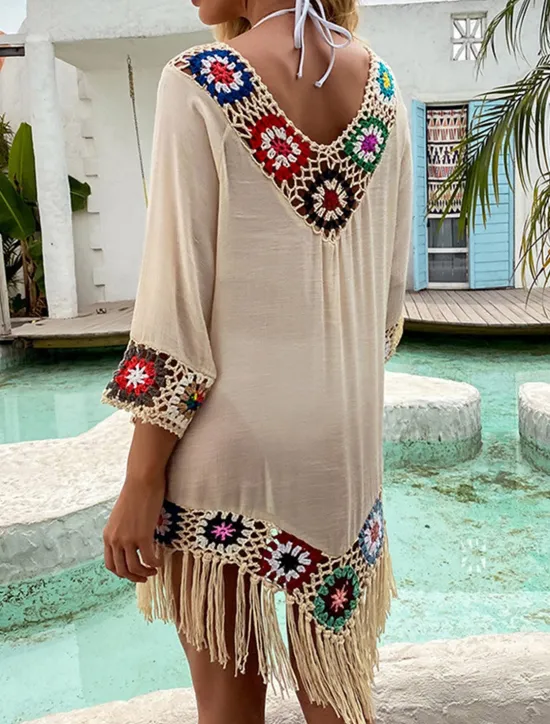 Hot Women's White Beach Dress Mini Dress Ruffle Patchwork Vacation Beach Sexy Boho V Neck 3/4 Length Sleeve Black White Red Color Women Cover Up