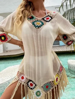 Hot Women's White Beach Dress Mini Dress Ruffle Patchwork Vacation Beach Sexy Boho V Neck 3/4 Length Sleeve Black White Red Color Women Cover Up
