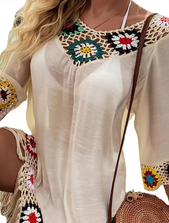 Hot Women's White Beach Dress Mini Dress Ruffle Patchwork Vacation Beach Sexy Boho V Neck 3/4 Length Sleeve Black White Red Color Women Cover Up