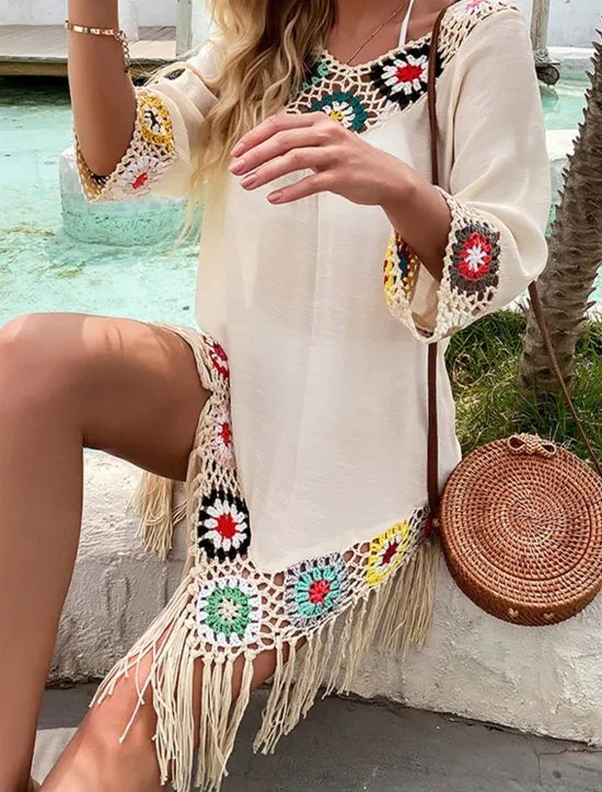 Hot Women's White Beach Dress Mini Dress Ruffle Patchwork Vacation Beach Sexy Boho V Neck 3/4 Length Sleeve Black White Red Color Women Cover Up