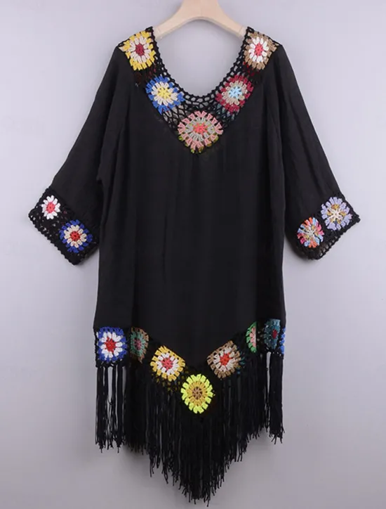 Hot Women's White Beach Dress Mini Dress Ruffle Patchwork Vacation Beach Sexy Boho V Neck 3/4 Length Sleeve Black White Red Color Women Cover Up