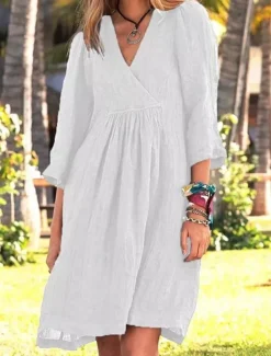 Best Women's White Blue Brown Summer Spring Mini Dress Linen-Inspired Dresses White Dress Casual Dress Basic Modern Daily Weekend Loose Fit Plain V Neck Women Dresses|White Dresses