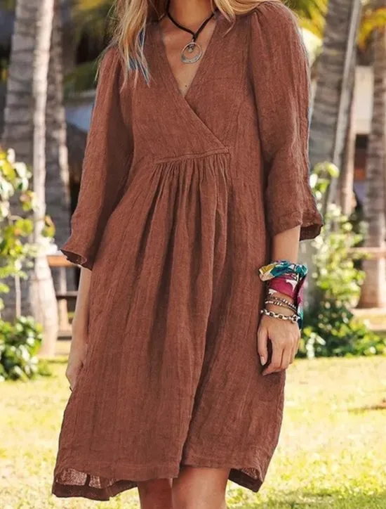 Best Women's White Blue Brown Summer Spring Mini Dress Linen-Inspired Dresses White Dress Casual Dress Basic Modern Daily Weekend Loose Fit Plain V Neck Women Dresses|White Dresses