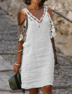 Hot Women's White Blue Green Summer Spring Midi Dress Linen-Inspired Dresses White Dress Lace Dress Casual Vacation Daily Loose Fit Plain V Neck Women Dresses