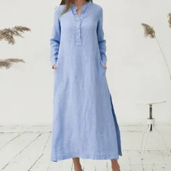 Women's White Blue Summer Spring Fall Plus Size Maxi Dress Cotton Linen Dresses Shirt Dress Cotton Linen Dress Retro Basic Casual Home Daily Loose Fit Notched Neck Women Dresses