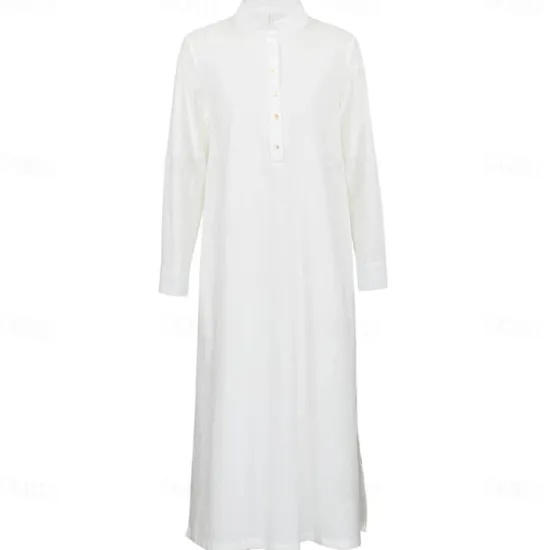 Women's White Blue Summer Spring Fall Plus Size Maxi Dress Cotton Linen Dresses Shirt Dress Cotton Linen Dress Retro Basic Casual Home Daily Loose Fit Notched Neck Women Dresses