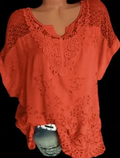 Clearance Women's White Bohemian Blouse Lace V-Neck Openwork Embroidery Casual Flowy Oversized Short Sleeve Summer Fashion Top One Size Women Lace Tops