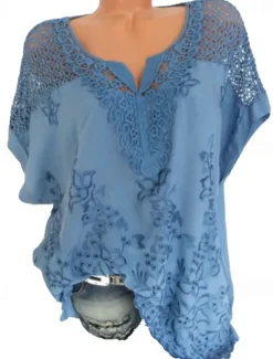 Clearance Women's White Bohemian Blouse Lace V-Neck Openwork Embroidery Casual Flowy Oversized Short Sleeve Summer Fashion Top One Size Women Lace Tops