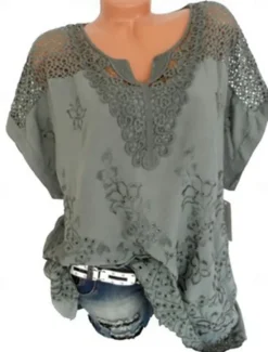 Clearance Women's White Bohemian Blouse Lace V-Neck Openwork Embroidery Casual Flowy Oversized Short Sleeve Summer Fashion Top One Size Women Lace Tops