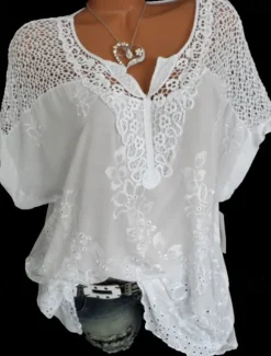 Clearance Women's White Bohemian Blouse Lace V-Neck Openwork Embroidery Casual Flowy Oversized Short Sleeve Summer Fashion Top One Size Women Lace Tops