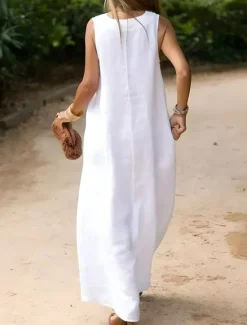 Sale Women's Dress Cotton Linen Dress Maxi Dress Vacation Dress Casual Dress Modern Daily Weekend Regular Fit Plain V Neck Summer Spring Women White Dresses