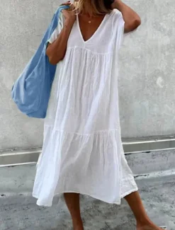 Best Women's White Dress Linen Dress White Cotton Dress Midi Dress Ruched Casual Daily Vacation V Neck Short Sleeve Summer Spring Black White Plain Women Dresses