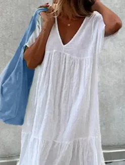 Best Women's White Dress Linen Dress White Cotton Dress Midi Dress Ruched Casual Daily Vacation V Neck Short Sleeve Summer Spring Black White Plain Women Dresses