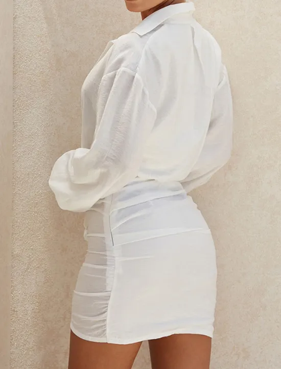 New Women's Dress Linen Dress Shirt Dress Mini Dress Vacation Flax Cotton And Linen Casual Shirt Collar Ruched Long Sleeve Summer Spring Loose Fit Plain Women Dresses|White Dresses