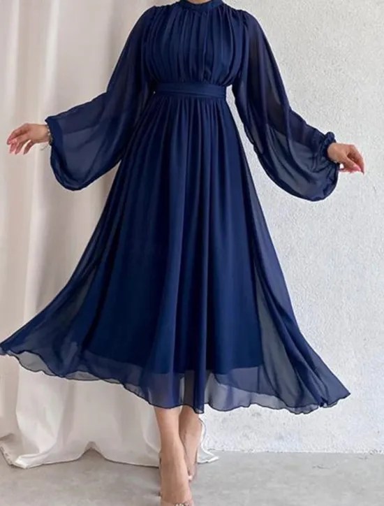 Women's White Dress Long Dress Maxi Dress Chiffon Ruched Date Elegant Streetwear Stand Collar Long Sleeve Black White Pink Color Women White Dresses
