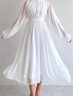 Women's White Dress Long Dress Maxi Dress Chiffon Ruched Date Elegant Streetwear Stand Collar Long Sleeve Black White Pink Color Women White Dresses