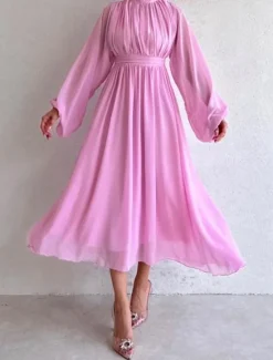 Women's White Dress Long Dress Maxi Dress Chiffon Ruched Date Elegant Streetwear Stand Collar Long Sleeve Black White Pink Color Women White Dresses