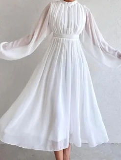 Women's White Dress Long Dress Maxi Dress Chiffon Ruched Date Elegant Streetwear Stand Collar Long Sleeve Black White Pink Color Women White Dresses