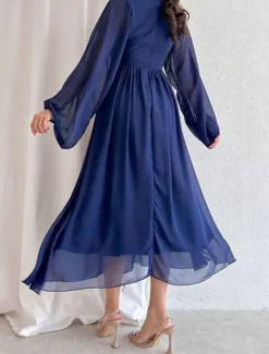 Women's White Dress Long Dress Maxi Dress Chiffon Ruched Date Elegant Streetwear Stand Collar Long Sleeve Black White Pink Color Women White Dresses